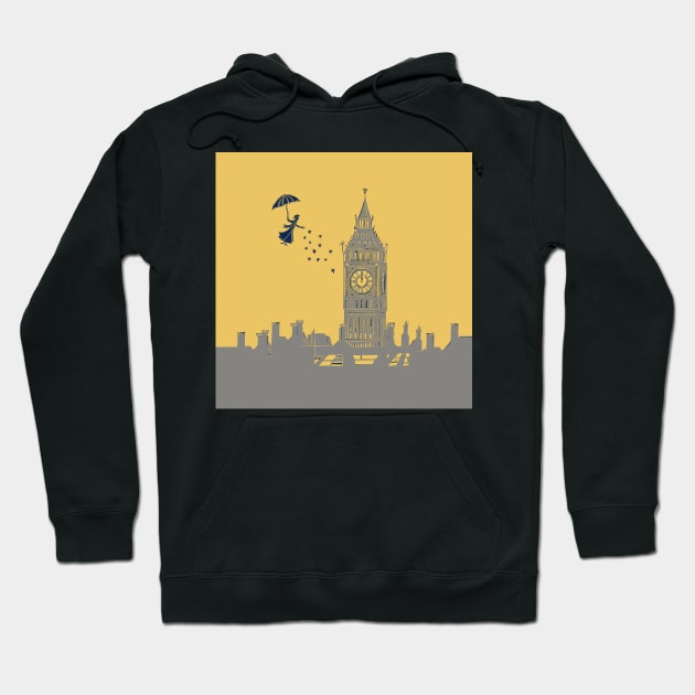 Mary Poppins and Big Ben Lino Print in Mustard and Grey Hoodie by Maddybennettart